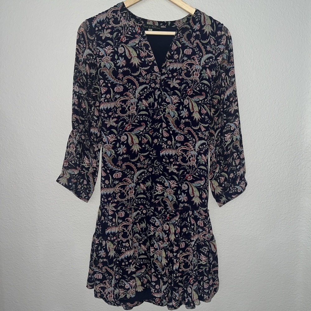 Rose & Olive Women`s BLACK Floral Chiffon Tie Waist Boho Dress 3/4 Sleeve SZ MED
